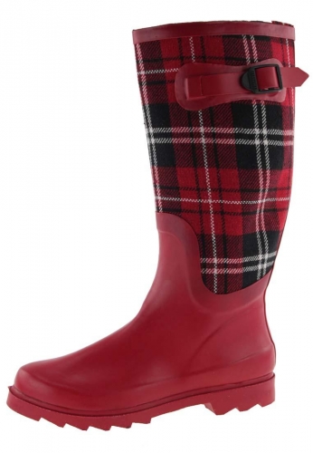 Trendiger roter Gummistiefel - Red Tweed Rubber- mit Gummischaft und Stoffauflage, Zierschnalle