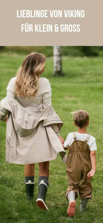 Gummistiefel für Damen, Herren und Kinder von Viking Frau mit Kind halten Händchen mit Gummistiefeln in Wiese