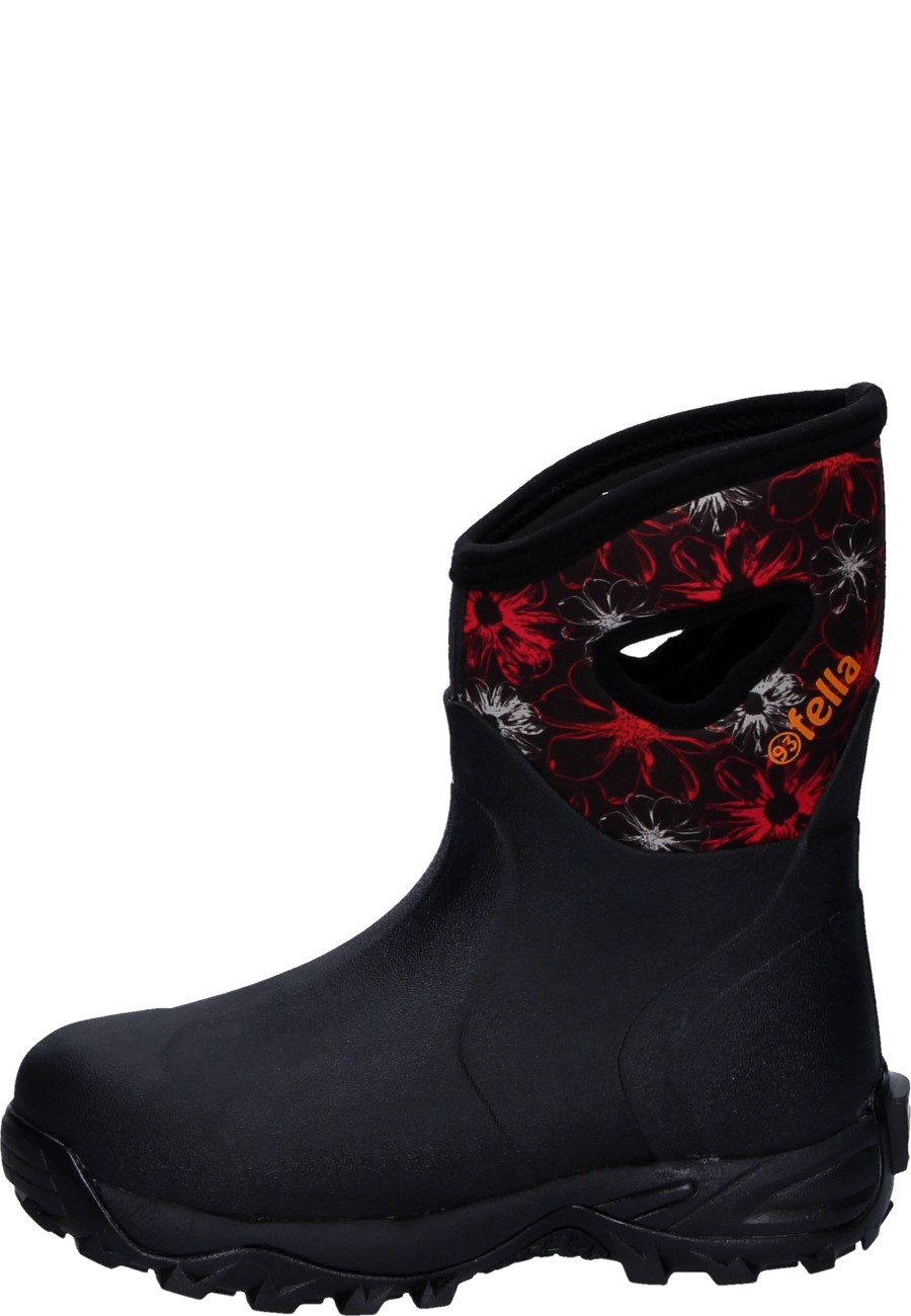 Modischer kurzer Damen Gummistiefel ANNIE MID BLACK/RED von Fella